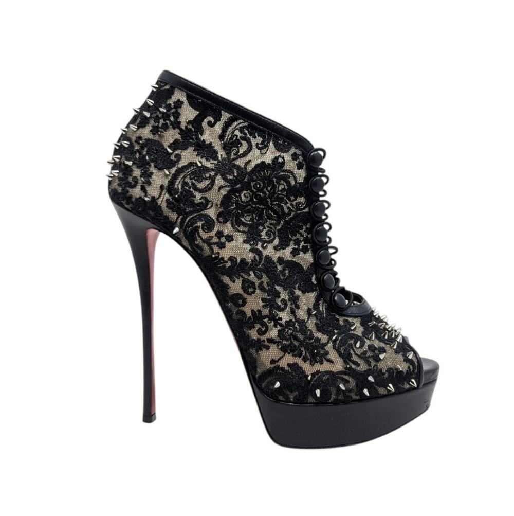 Christian Louboutin Black Lace Spiked Platform Booties 150mm Tip Top Alta 41